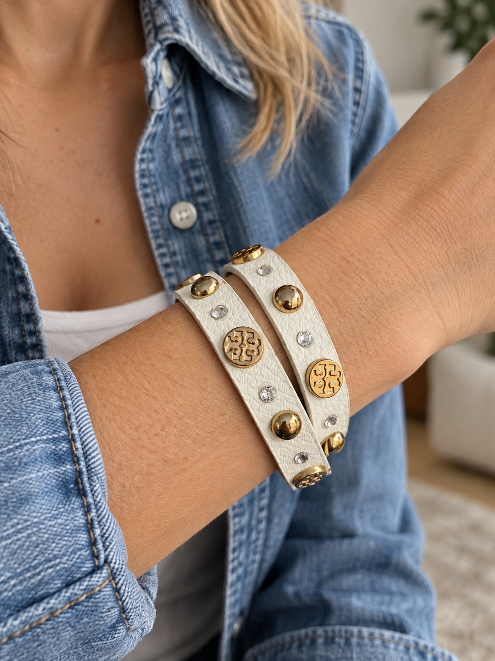 Tory Burch ICONIC Ivory Crystal Studded Double Wrap Leather Bracelet